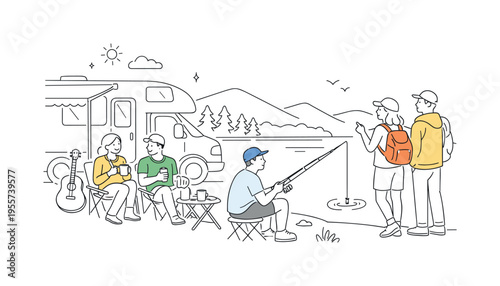 Nature getaway concept where friends gather beside a camper van parked near a scenic lake while one person fishes and others enjoy the calm surroundings, the camper van and a