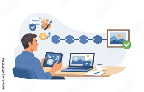 A digital ownership innovation scene where a professional explores modern asset verification methods and creative economy opportunities through decentralized technology platforms