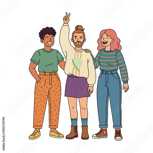 Smiling person with beard wearing cream sweater and purple skirt holding up peace sign standing between person in green shirt and person with pink hair