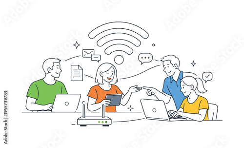 Coworkers collaborating in a workspace while using wireless internet to share files and communicate online, symbolizing modern digital infrastructure and efficient remote