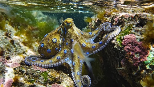 Close up shot of a vibrant blue ringed octopus showcasing its intricate patterns and textures underwater amidst colorful coral and marine vegetation, illustrating the rich biodiversity of the ocean.
