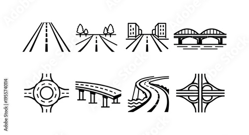 Transportation roadway views: multi lane freeway, rural country road, city street roadway, bridge roadway span, highway roundabout circle, elevated highway viaduct, coastal cliff