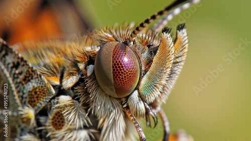 Detailed Macro View of a Butterfly's Compound Eye Showing Intricate Facets and Hairy Antennae against Soft Green Background