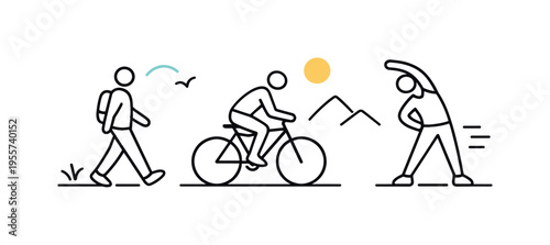 Outdoor activity and recreation concept representing movement and engagement in an active environment, a minimal grouping of human figures in varied motion poses such as walking