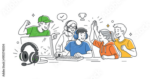 Online gaming teamwork moment where friends gather around computers during an e-sport match while coordinating strategies and celebrating gameplay moments, a gaming monitor and a
