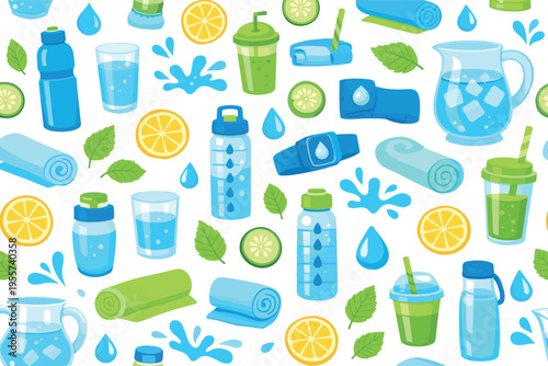 Hydration wellness seamless pattern for healthy lifestyle and self care themes featuring water bottle, glass of water, reusable bottle, lemon slice, cucumber slice, mint leaf,