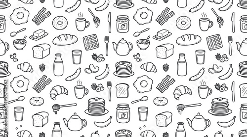 Morning breakfast foods and drinks theme with cozy kitchen feel, doodle objects including fried egg, bacon, sausage, toast, bread, croissant, bagel, pancakes, waffle, butter, jam,