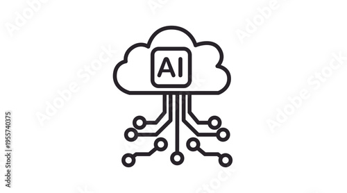 Artificial intelligence cloud computing icon with circuit lines, digital network storage and machine learning technology symbol in black line style.