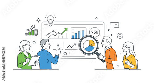 A business intelligence and performance tracking scene where professionals analyze key metrics to improve decision-making in a modern workplace, using a clean dashboard chart and a