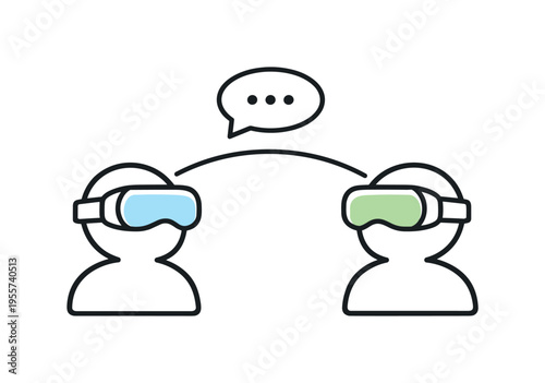 Social virtual reality interaction and multiplayer cooperation enhancing communication and shared fun in digital spaces, two clean avatar figures wearing headsets linked by a thin