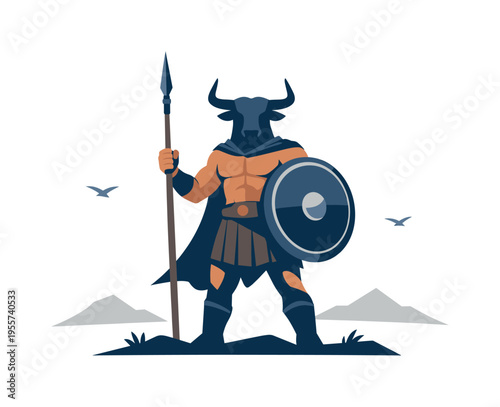Ancient heroic myth scene featuring a bull headed warrior character standing with a spear and round shield while maintaining a calm but powerful stance, simple composition