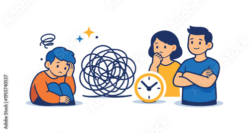 Information overload and difficulty prioritizing tasks in fast-paced digital lifestyles centered on regaining focus and confidence, three flat abstract characters gathered near a