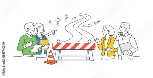 Entrepreneurs encountering a road barrier obstacle during a growth journey while discussing alternative strategies and solutions, symbolizing business challenges and adaptive