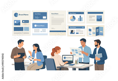 A branding workflow concept where designers prepare a complete set of reusable templates for digital and print applications, ensuring consistency and professional presentation