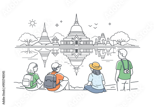 Cultural travel experience where visitors quietly observe a historic temple complex beside a calm lake reflecting traditional architecture, a temple structure and still water