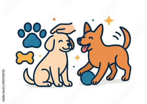 Pet lifestyle and playful animal companionship highlighting everyday moments of care and fun with household dogs, a dog bone next to a simple paw print expressing joy, loyalty, and