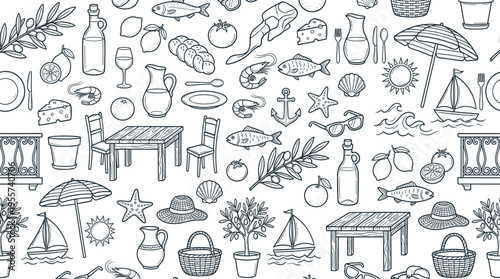 Mediterranean lifestyle and coastal living concept focused on relaxed seaside culture, fresh food, and sunny outdoor experiences inspired by southern European regions. Objects of