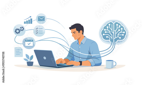 A focused technology workflow scene where a professional uses intelligent digital tools to analyze information and automate repetitive business tasks in a modern workspace, visual