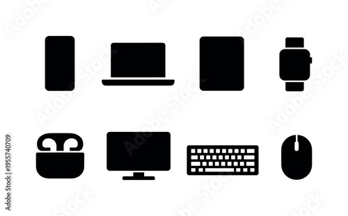 Tech devices and gadgets: smartphone, laptop computer, tablet device, smart watch, wireless earbuds case, desktop monitor, computer keyboard, computer mouse
