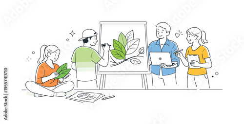 A natural design concept where a team prepares botanical foliage elements for modern packaging, branding, and eco themed visual storytelling projects, visual metaphor of layered