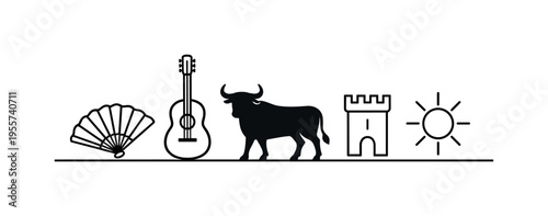 Travel and cultural symbols associated with Spain representing tourism, heritage, and traditional Mediterranean atmosphere recognized around the world, a flamenco fan, a classical
