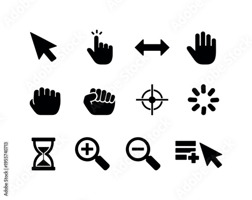 Digital pointer interface icons: mouse arrow pointer, hand click pointer, double arrow resize cursor, drag grab cursor, drag grabbing cursor, precision crosshair pointer, loading
