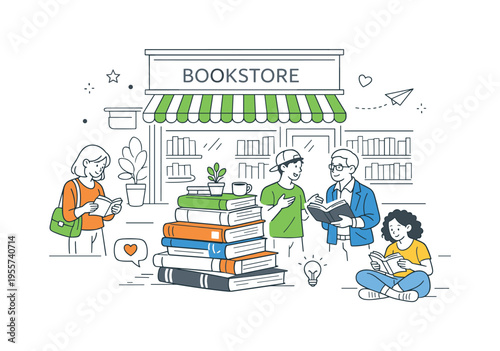 Independent bookstore street scene where visitors stop to explore books and enjoy a calm cultural moment in front of a neighborhood bookshop, a bookstore facade and a display of
