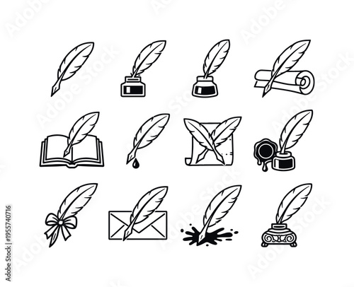 Feather quill writing tools: feather quill pen, quill pen with ink bottle, feather quill in ink pot, writing quill with parchment scroll, quill pen on open book, feather quill with
