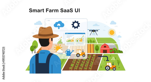 Smart Farm SaaS UI: Farmer Using Digital Dashboard for Precision Agriculture, Agribusiness Technology, and IoT Data Analytics Vector Illustration