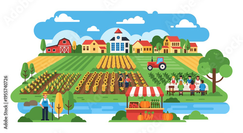 Sustainable Farming and Rural Community Illustration. Organic Harvest, Farm-to-Table Dinner, and Farmers Market Flat Vector Design.