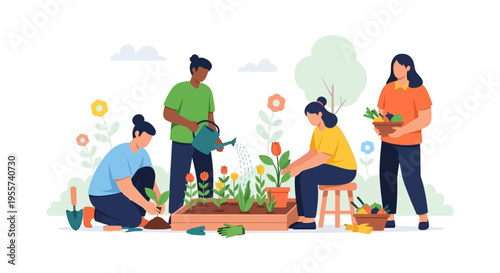 Team of people working in a garden bed: planting, watering, and harvesting. Community gardening flat vector illustration.