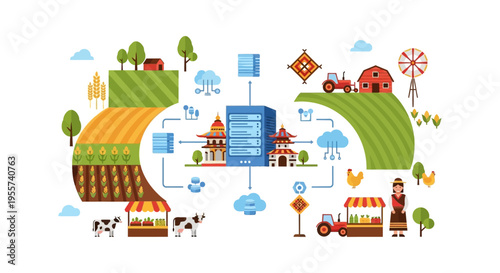 AgriTech Data Network: Smart Farming, Digital Agriculture Supply Chain, and Centralized Server Management Vector Illustration