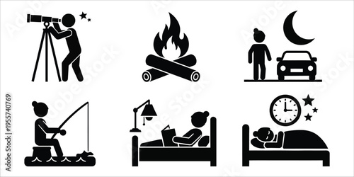Silhouette icons of various nighttime and sleeping activities
