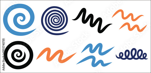 A collection of swirling and wavy line art designs in various colors