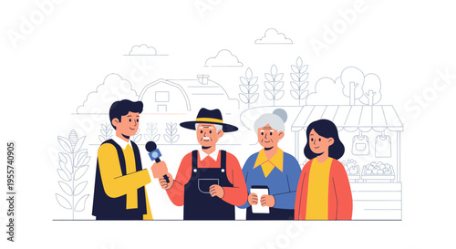 Journalist Interviews Farmers and Family about Local Agriculture News Vector Illustration