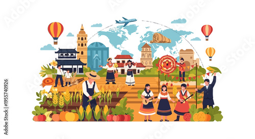 Global Cultural Diversity, Harvest Festival, and Travel Vector. People in Traditional Costume, Agriculture, and World Landmarks Illustration.