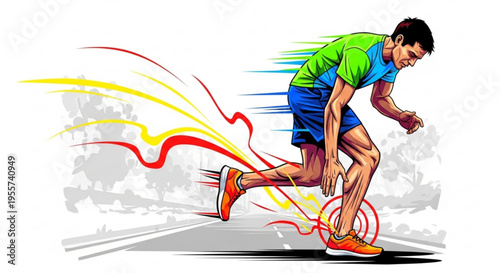 A dynamic illustration of a man running with motion lines emphasizing speed and movement.