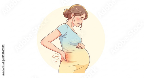 A pregnant woman experiencing back pain in a simple vector illustration