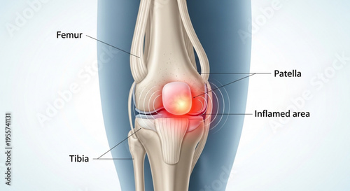 A detailed vector graphic illustration of a human knee joint with labeled bones and inflamed area