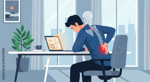 A man sitting at a desk with a painful back while working on a laptop in a modern office