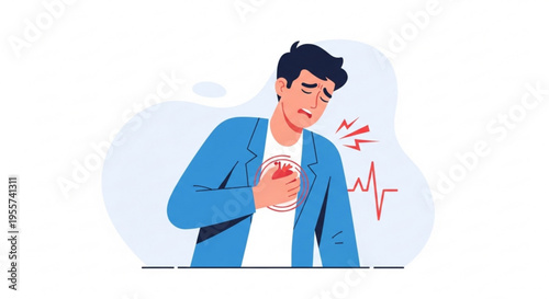 A man clutching his chest in pain with a red heartbeat line emanating from his body