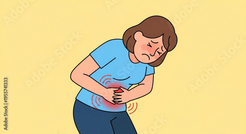 A woman clutching her stomach in pain, illustrating abdominal discomfort or cramps