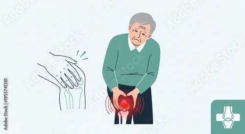A vector graphic illustration of an elderly man experiencing knee pain with a red highlighted knee joint and a medical cross symbol