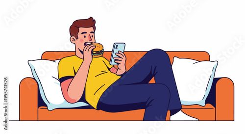 Man Relaxing on Sofa Eating Burger and Using Smartphone Illustration