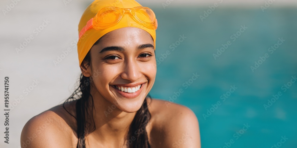 Fototapeta premium Female asian young adult swimmer grinning at camera in yellow swim cap and goggles by pool shoulders visible
