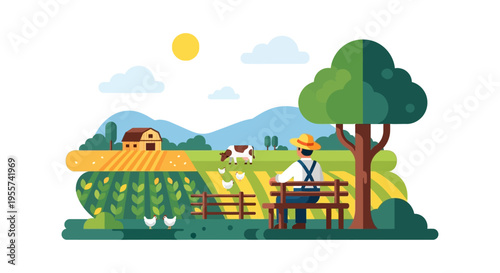 Flat Design: Farmer Resting on Bench Overlooking Lush Farm Landscape with Barn, Cow, and Fields. Agriculture and Rural Life Illustration.