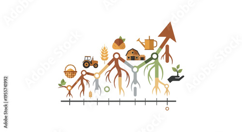Agricultural Growth Infographic. Farming Business Progress Chart with Root Connection, Showing Investment, Production Yield, and Sustainable Development.