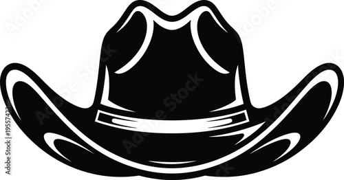 A black and white illustration of a cowboy hat with a wide brim and high crown