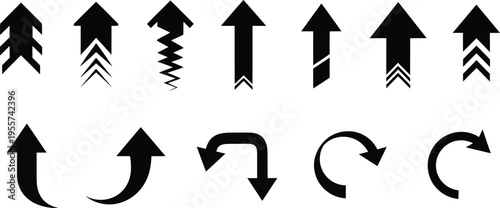 A collection of 12 unique arrow icons in black and white