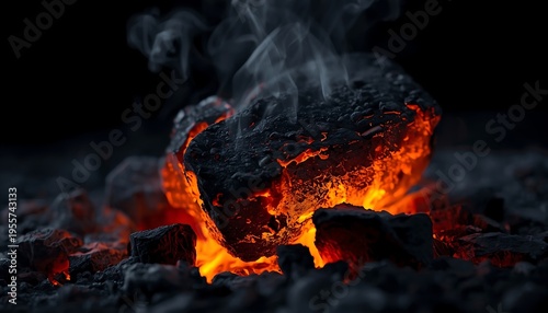 A close-up of a single glowing coal chunk emitting smoke, surrounded by other burning embers in a dark setting.
